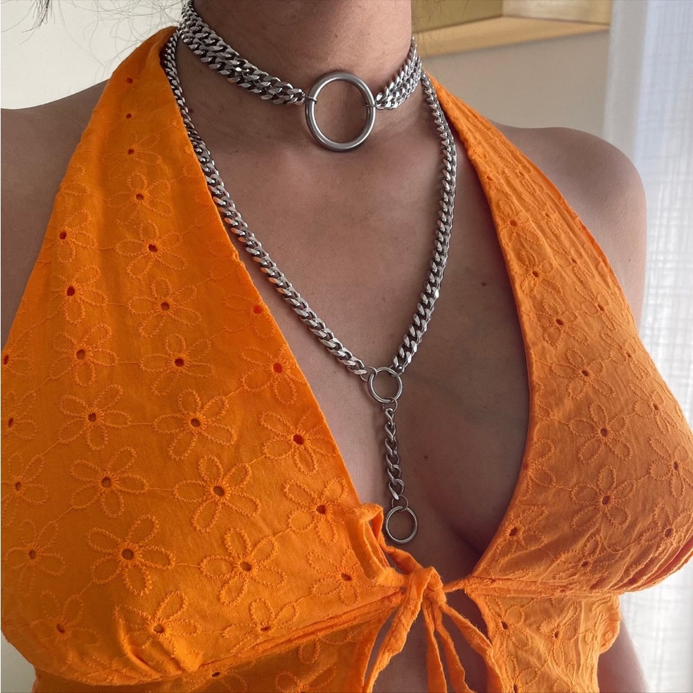 STAINLESS STEEL Layered O Ring Chain Choker Necklace